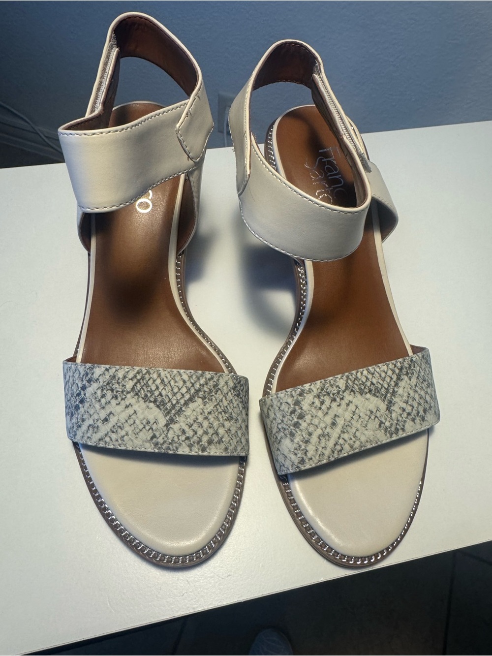 Franco Sarto Cream Block Heel Sandals with Snakeskin Toe - Picture 2 of 4